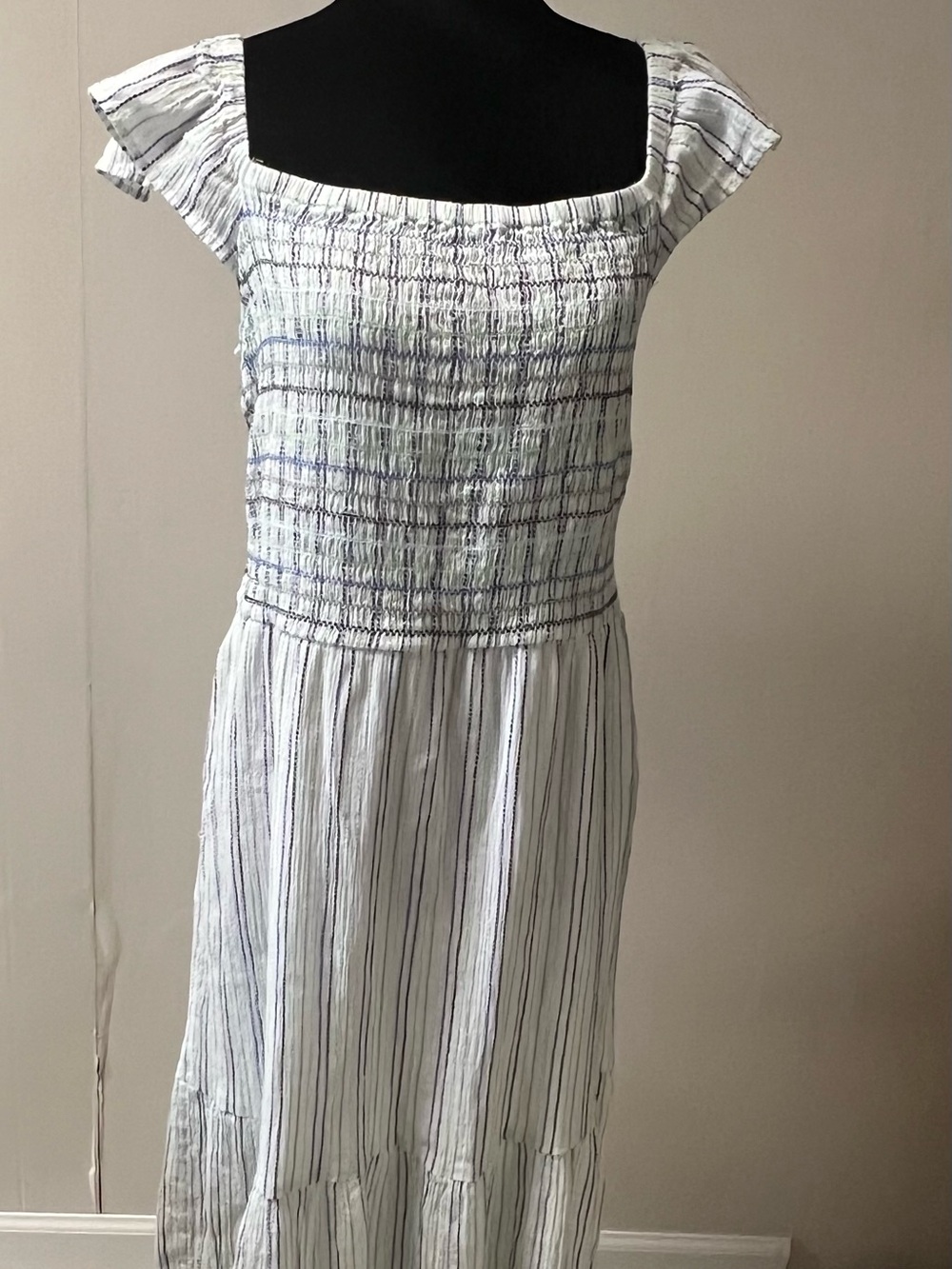 LOFT White Maxi Dress with Navy Stripe Smocked Bodice